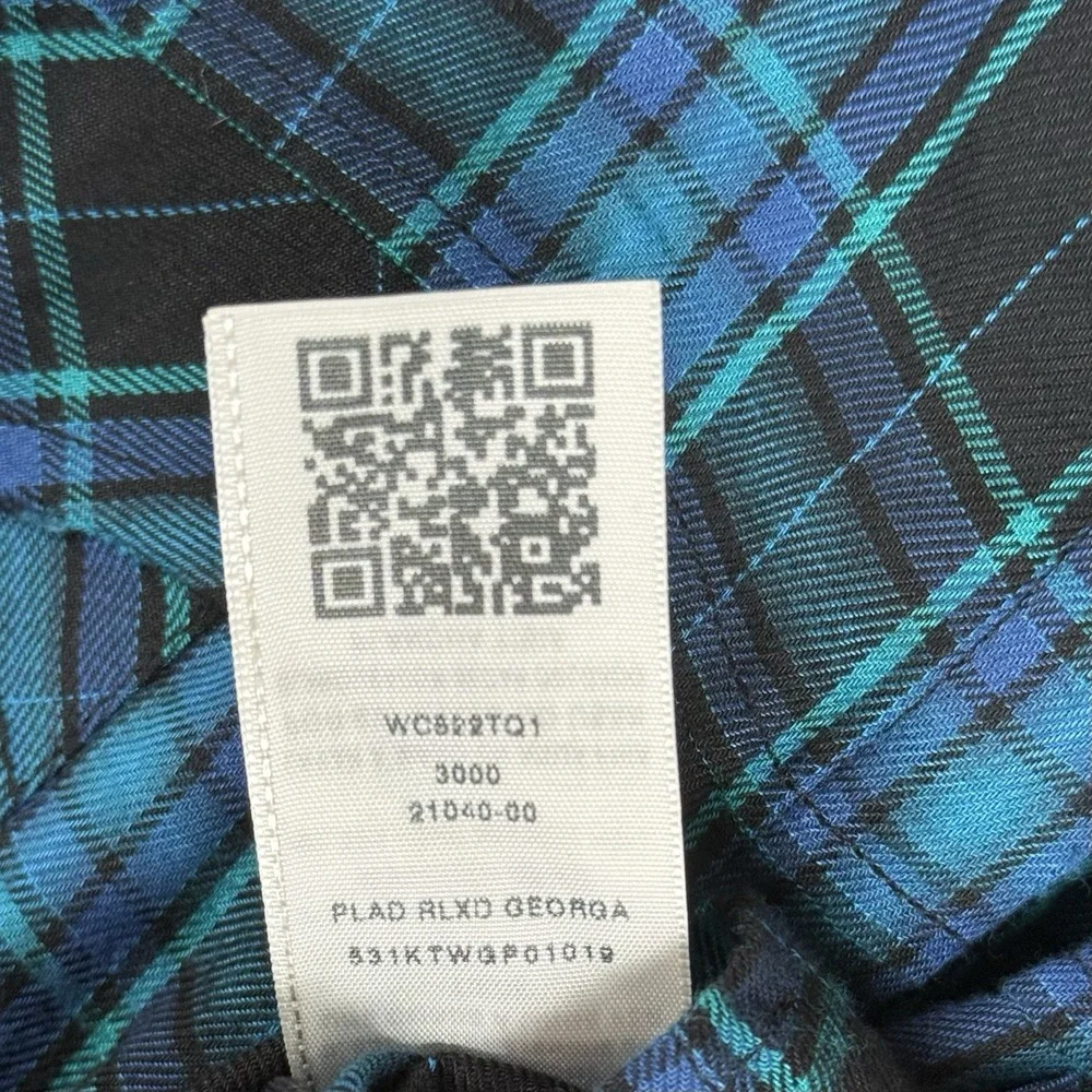 True Religion Plaid Top Logo Black Aqua‎ Blue Tunic Zip Women's Size Large Snaps